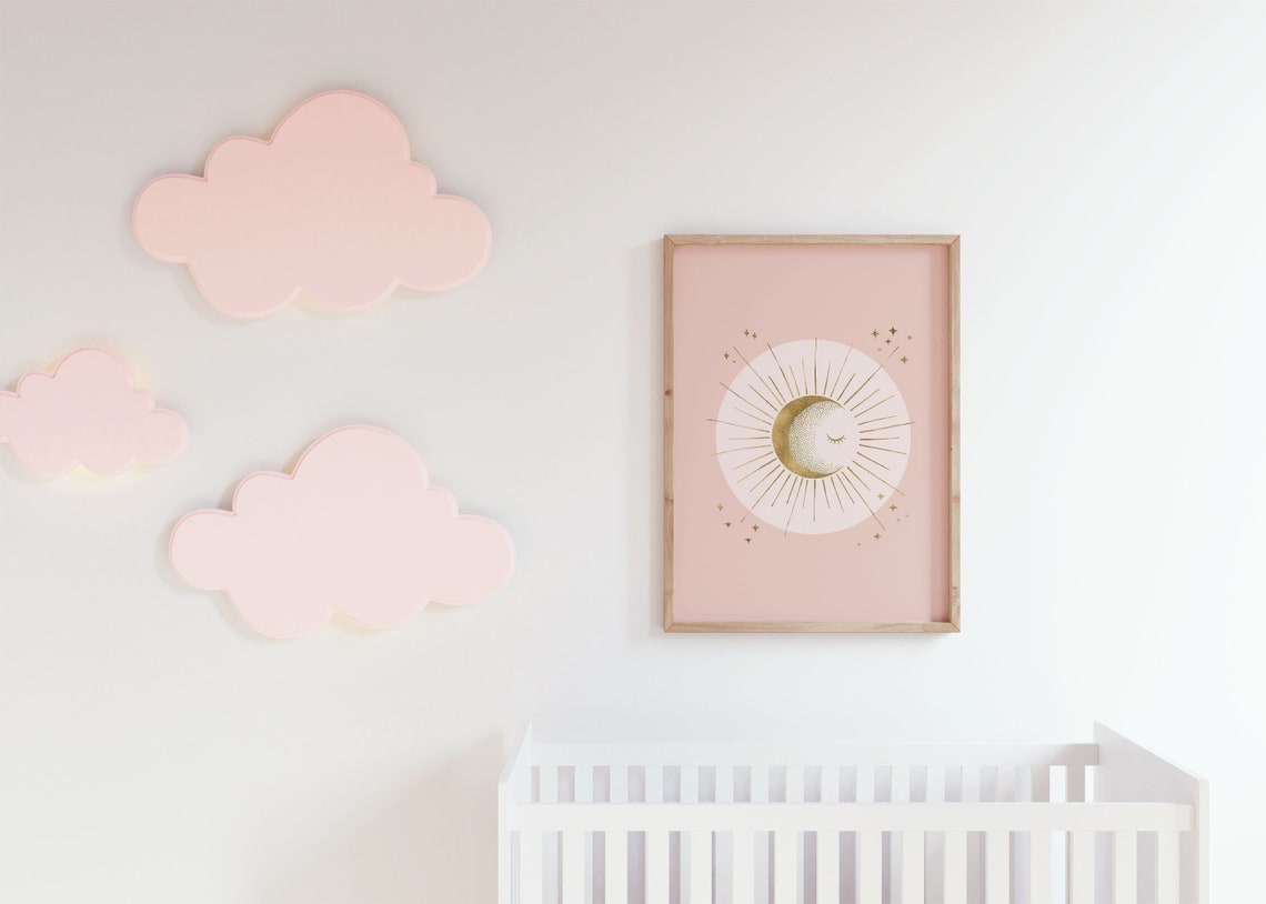 Sleeping Golden Moon on Pink Nursery Wall Art for a Baby Room