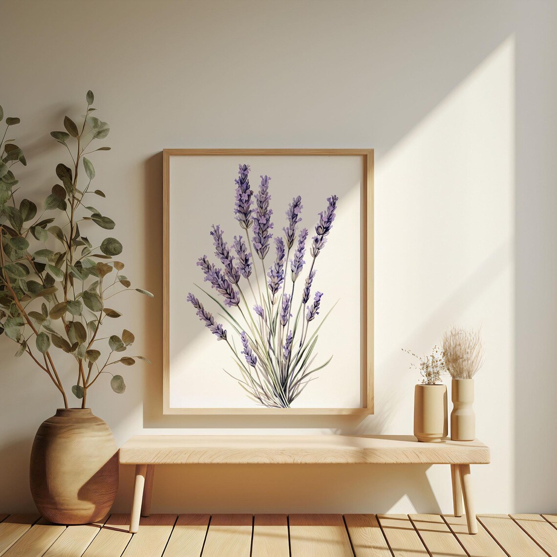 Lavender Sprig Watercolor in a Wooden Frame Sunny Botanical Poster