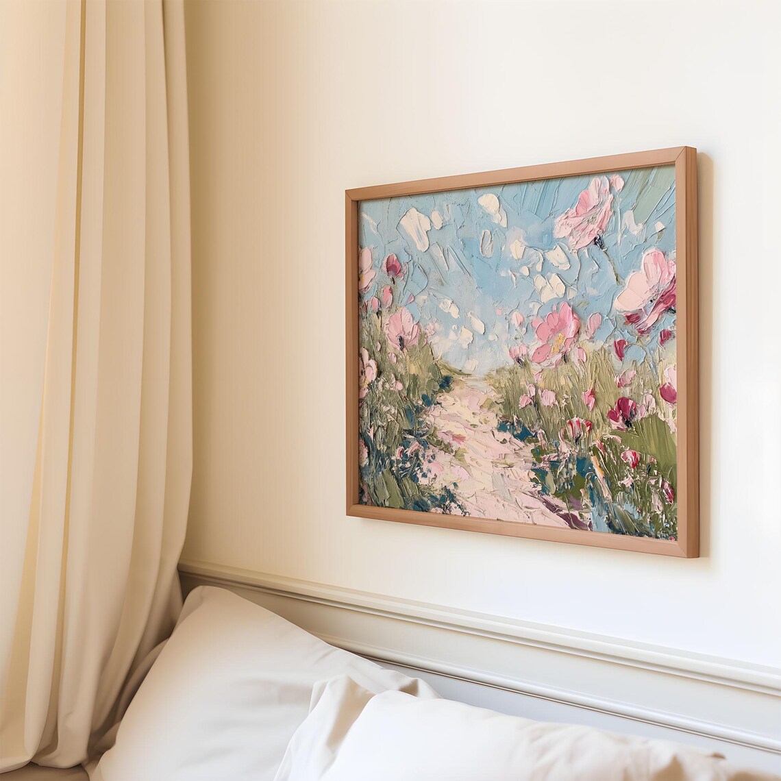 Pink Wildflower Path Textured Oil Painting Impressionist Poster