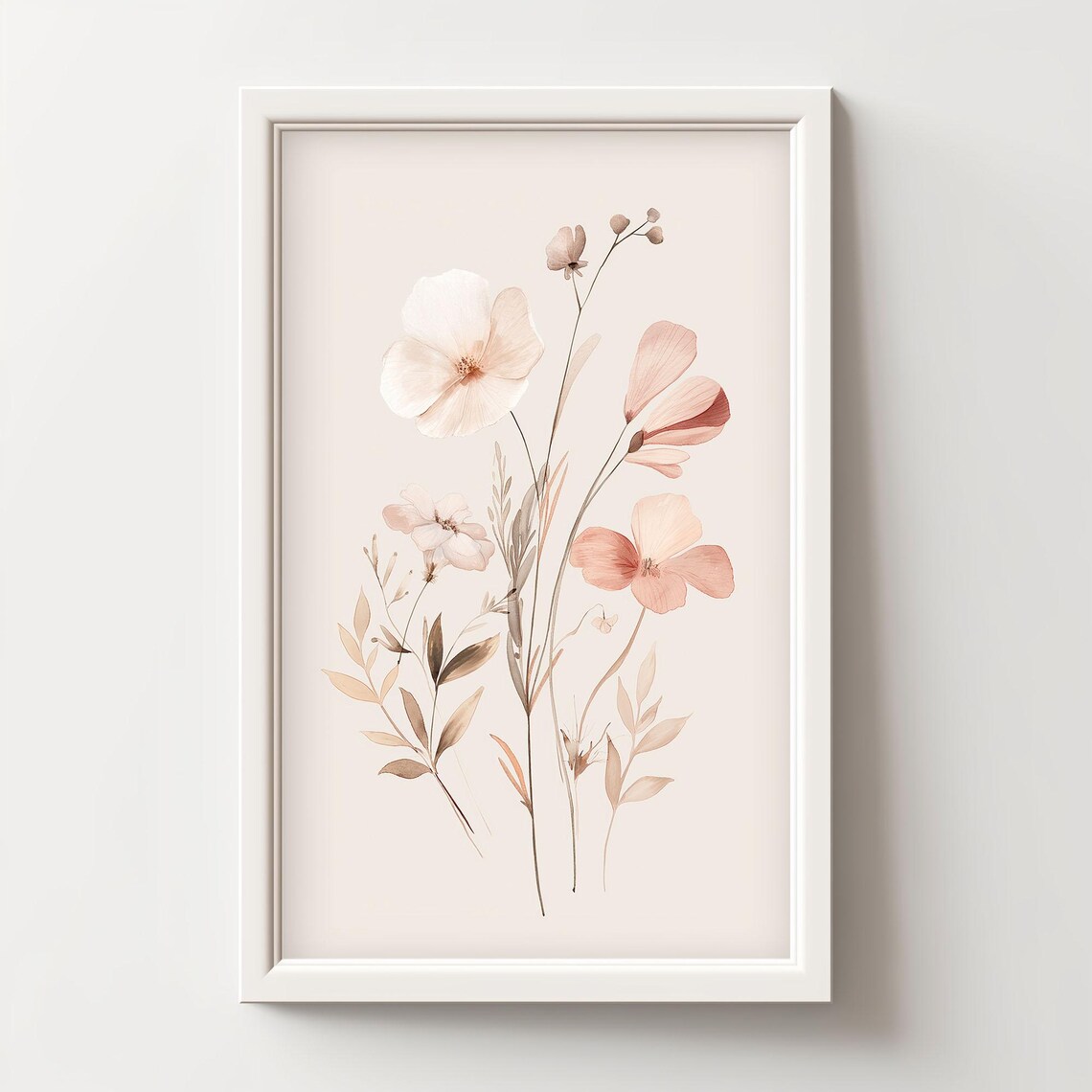 Soft Blush Pink Delicate Wildflower Watercolor Bouquet Wall Art