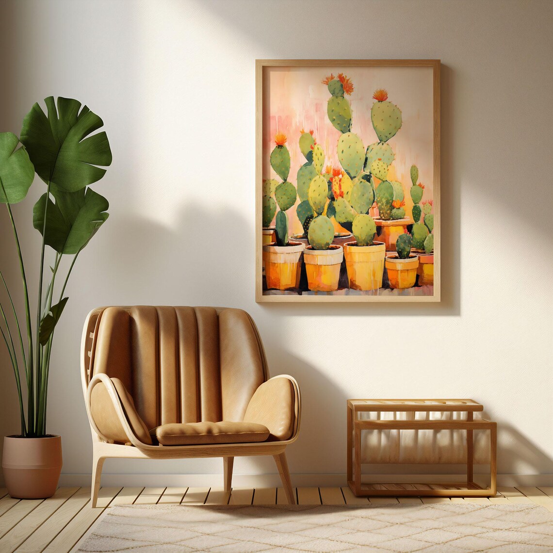 Prickly Pear Cacti In Yellow Pots With Orange Blooms Watercolor Poster