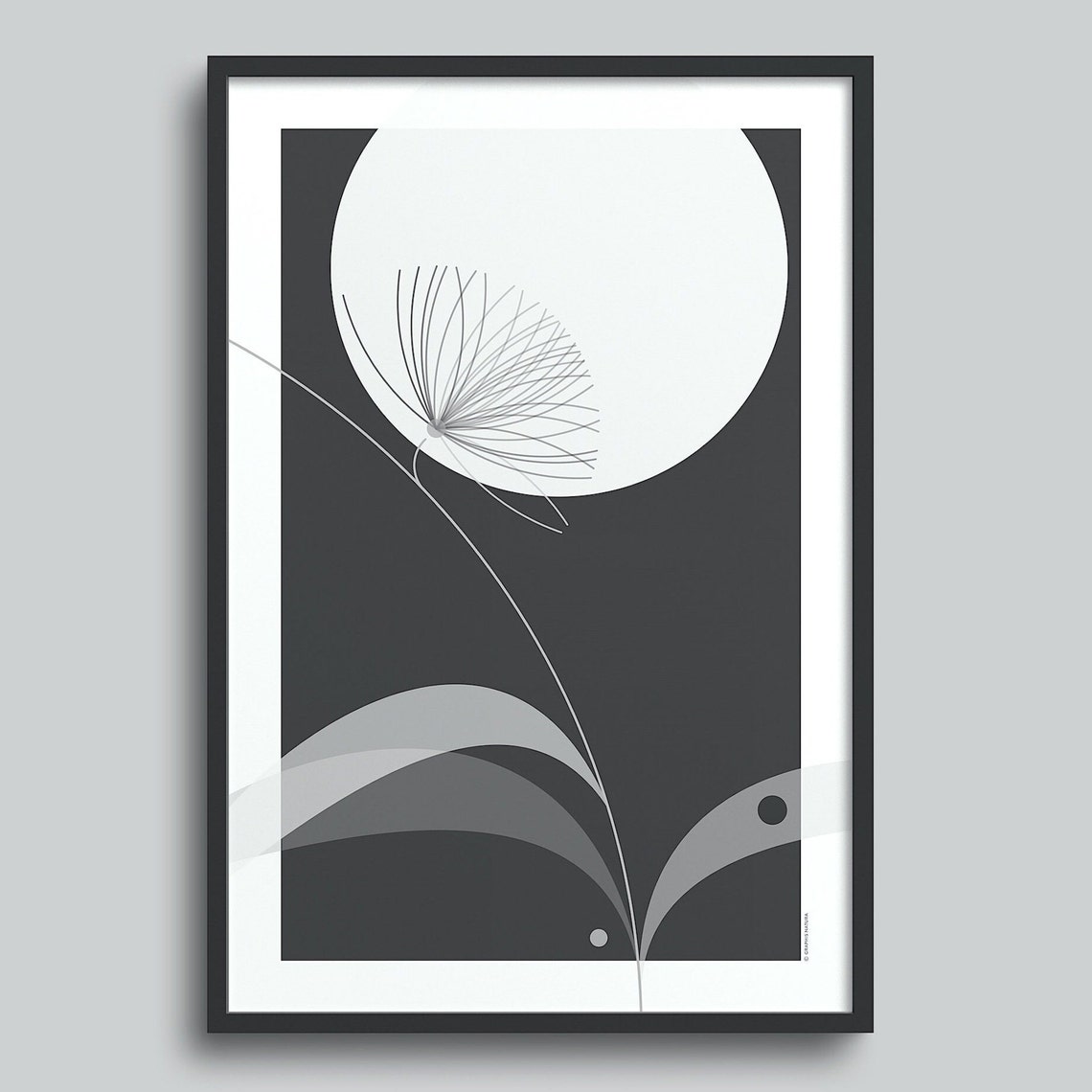 Moonlit White Flower Under a Moon Circle on Charcoal Art Poster - Image 4