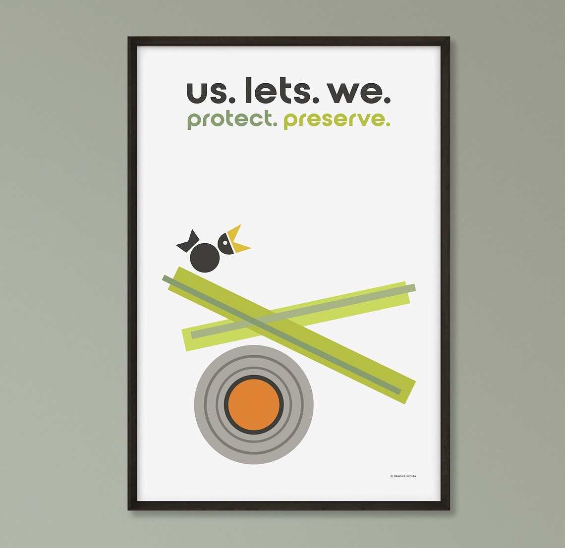 Geometric Bird on Green Bars With Orange Sun Circle Art Poster - Image 2