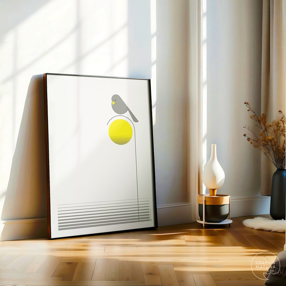 Gray Bird With Yellow Sun on White Minimalist Nature Art Poster - Image 4