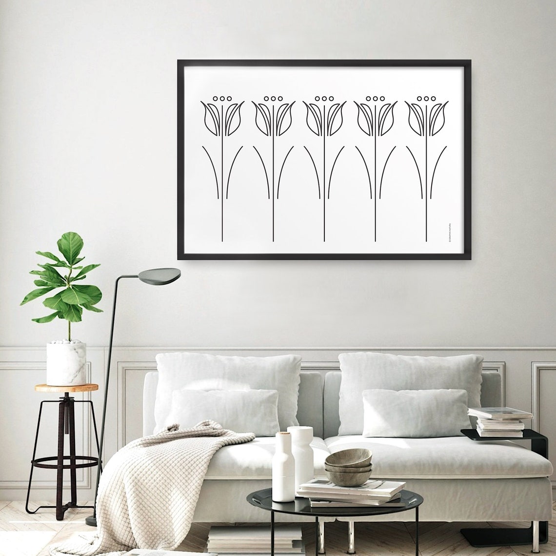 Five Tulips Black Line Art Minimalist Botanical Drawing Poster - Image 4