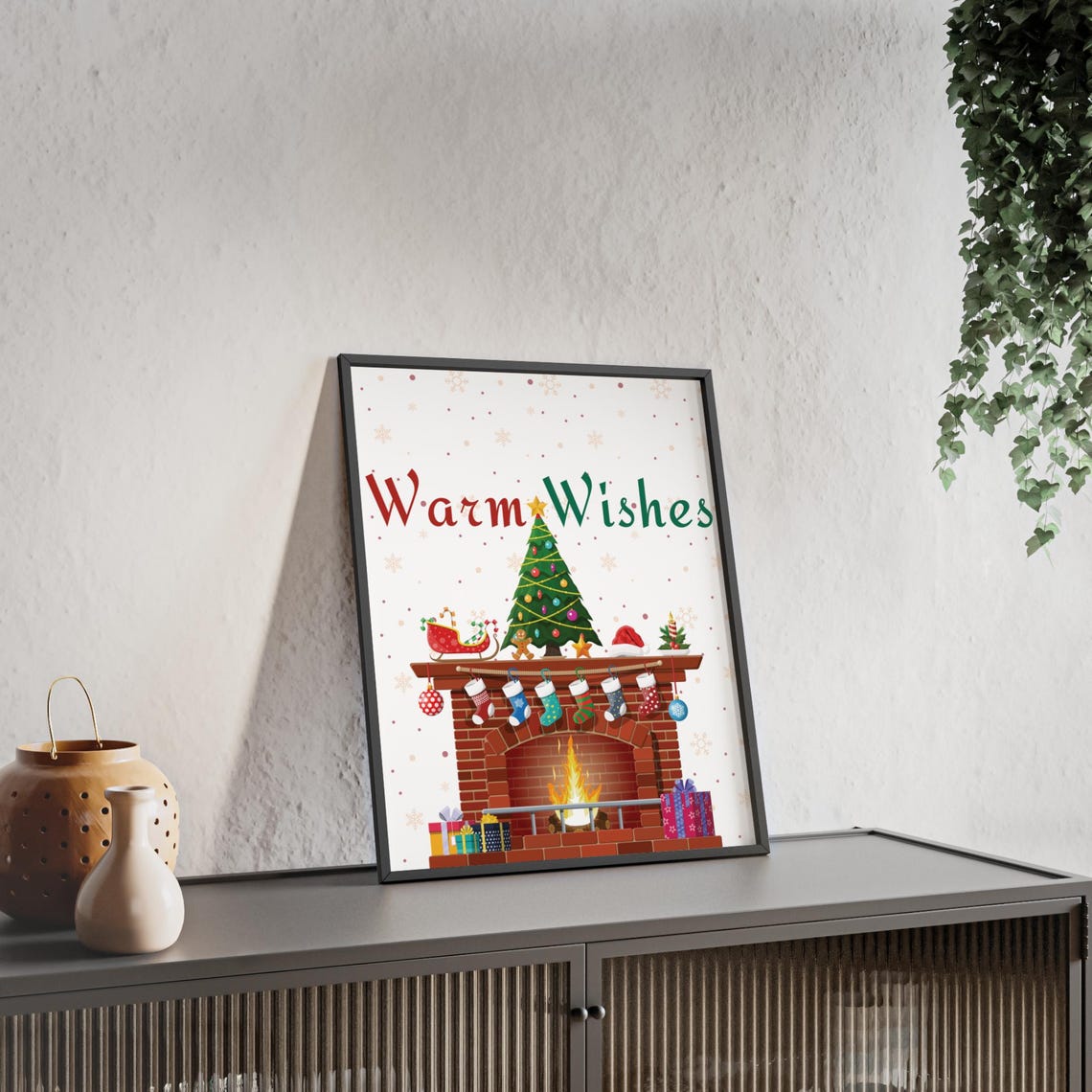 Warm Wishes Cozy Fireplace Stockings Christmas Tree Mantel Poster