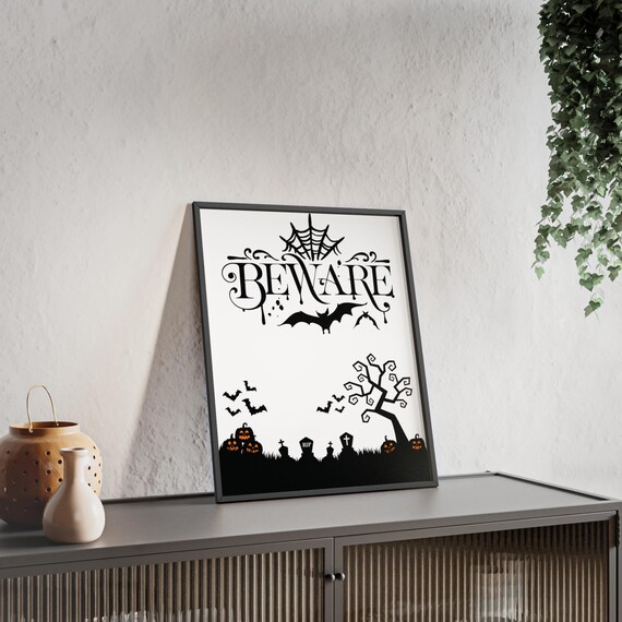 Beware Vintage Halloween Haunted Graveyard Bats Spooky Night Poster