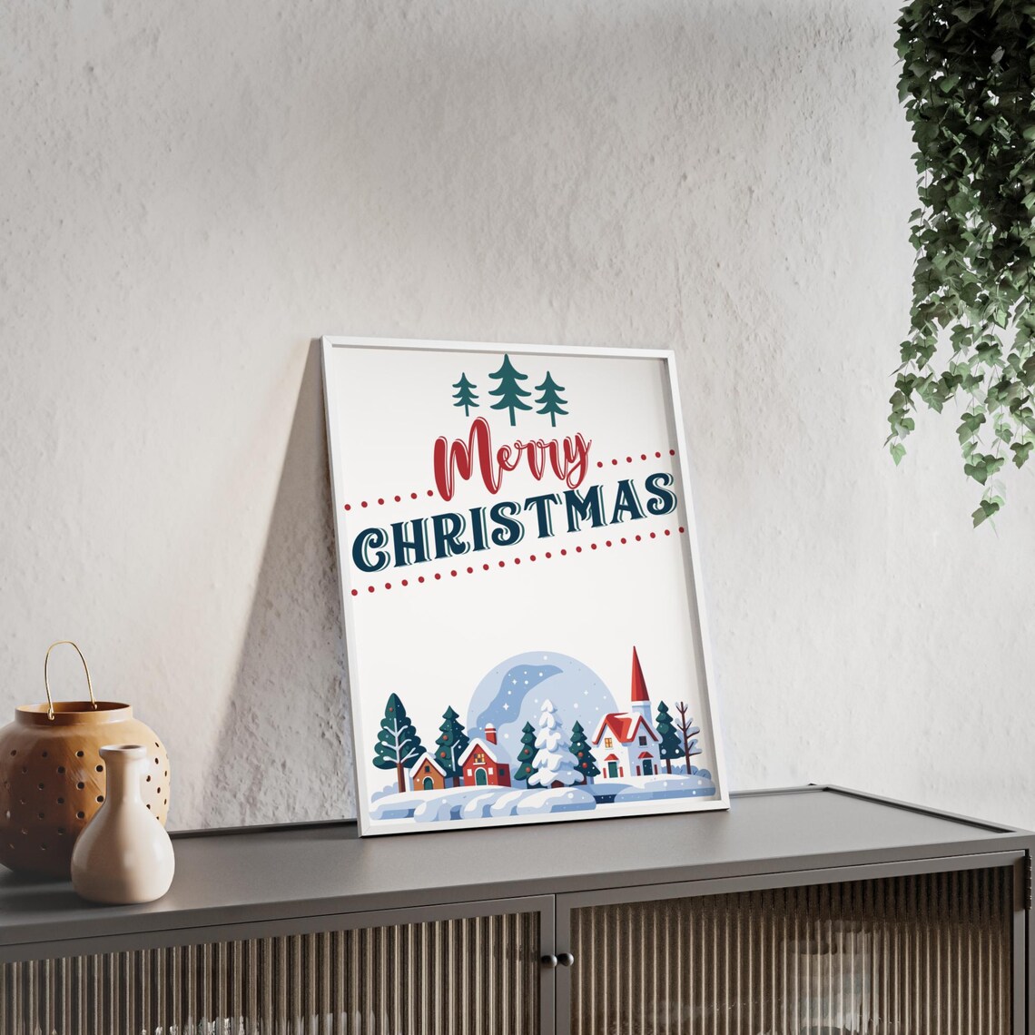 Merry Christmas Snowy Village Church Winter Scene Holiday Poster