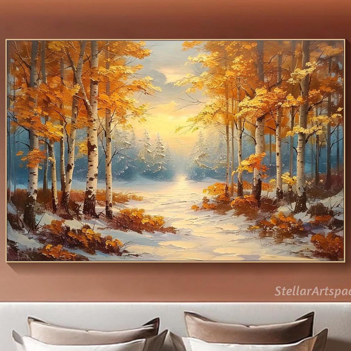 Golden Autumn Birch Forest Snowy Path Textured Landscape Poster