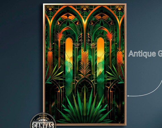 Stylish Art Deco Framed Wall Art Vintage Green And Orange Print Abstract Vertical Wall Decor Modern Large Luxury Poster Ready To Hang