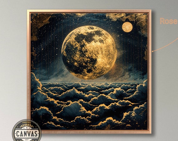 Full Moon And Stars Framed Print Moonlit Clouds Wall Art Gold Night Sky Painting Print Space Poster Square Decor Ready To Hang