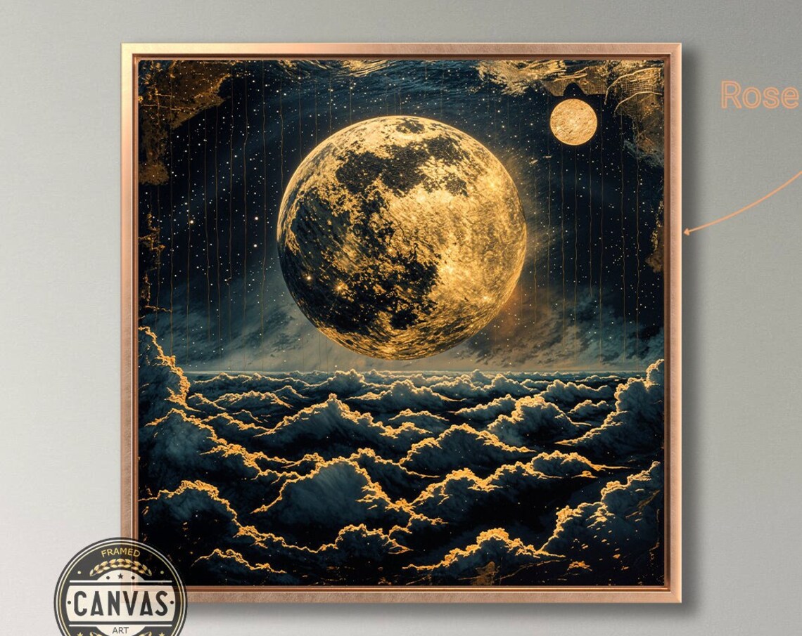 Golden Full Moon Over Moonlit Clouds Glowing Stars Art Print