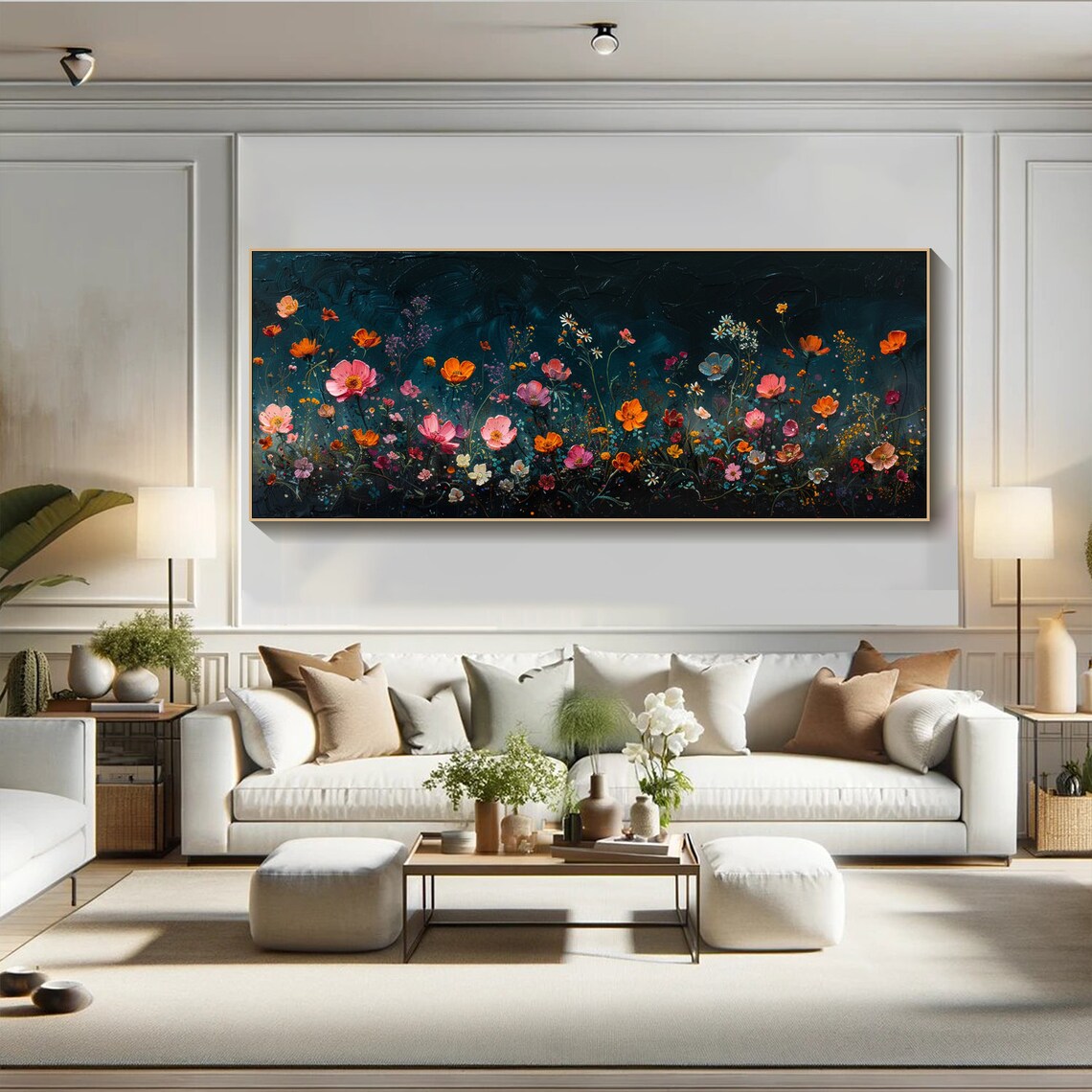 Colorful Wildflowers Coral Orange on Dark Teal Moody Art Poster - Image 2