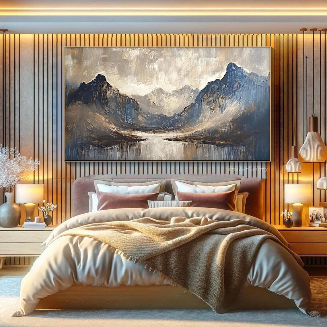 Moody Mountain Lake Reflection Dark Neutral Landscape Wall Art - Image 3