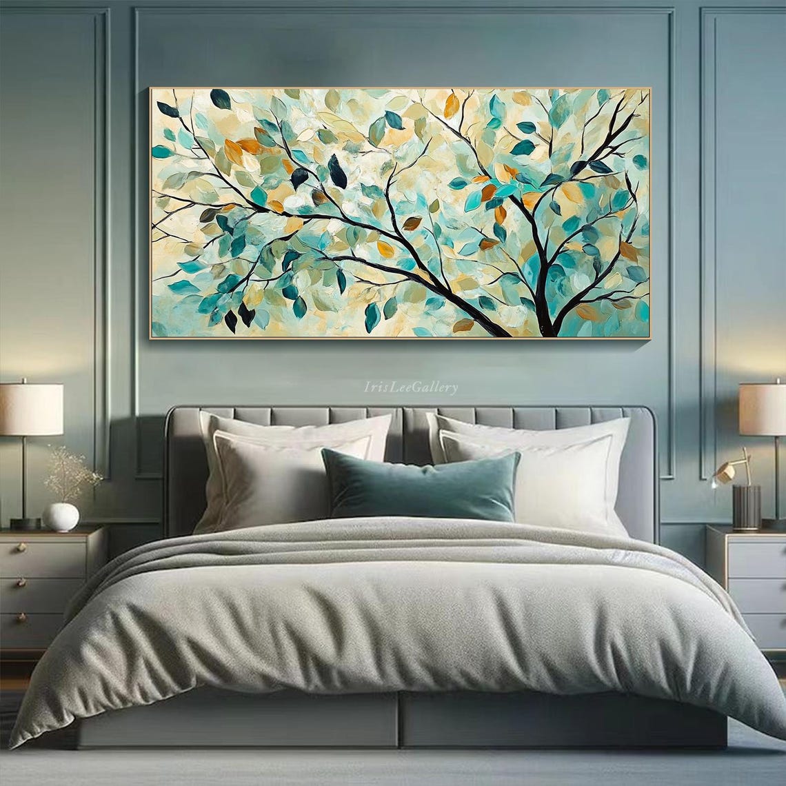Teal Cream Leaves Tree Branches Textured Botanical Nature Art Poster - Image 4