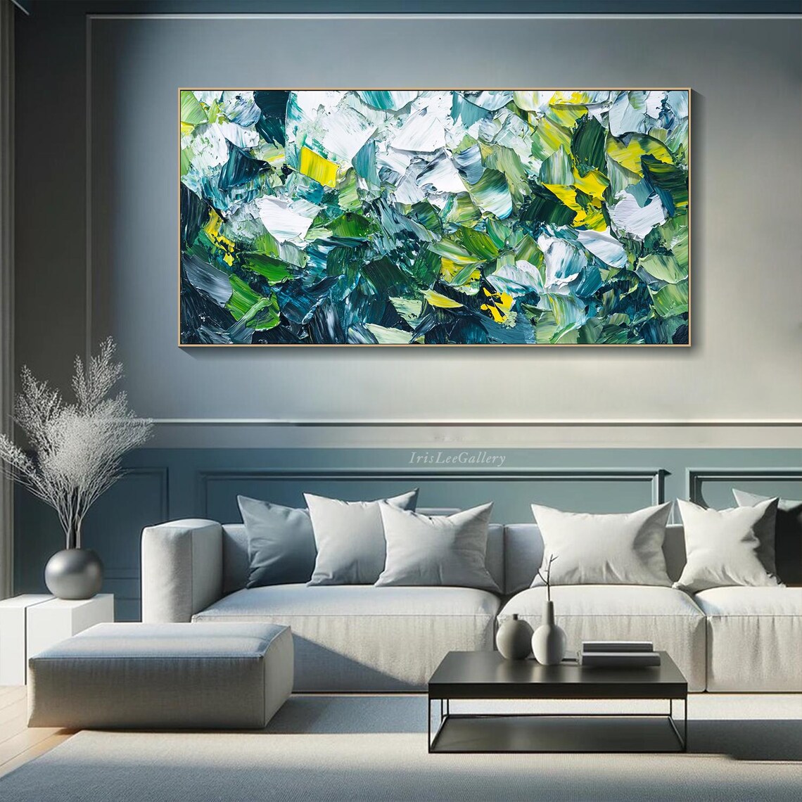 Green White Yellow Abstract Palette Knife Impasto Nature Art Poster - Image 2
