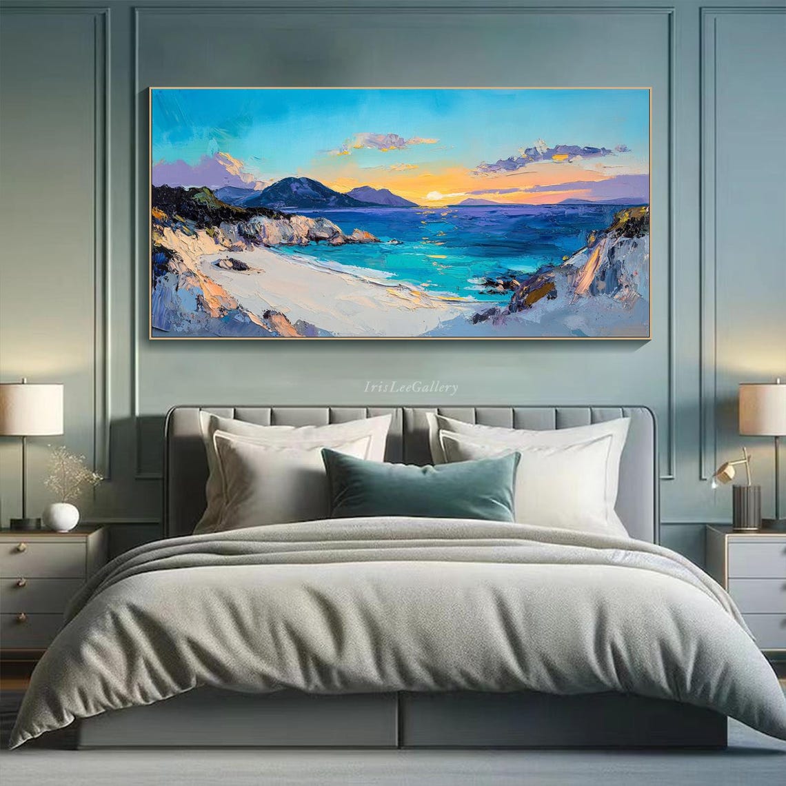 Sunset Seaside Cove Turquoise Ocean Beach Oil Painting Wall Art - Image 4