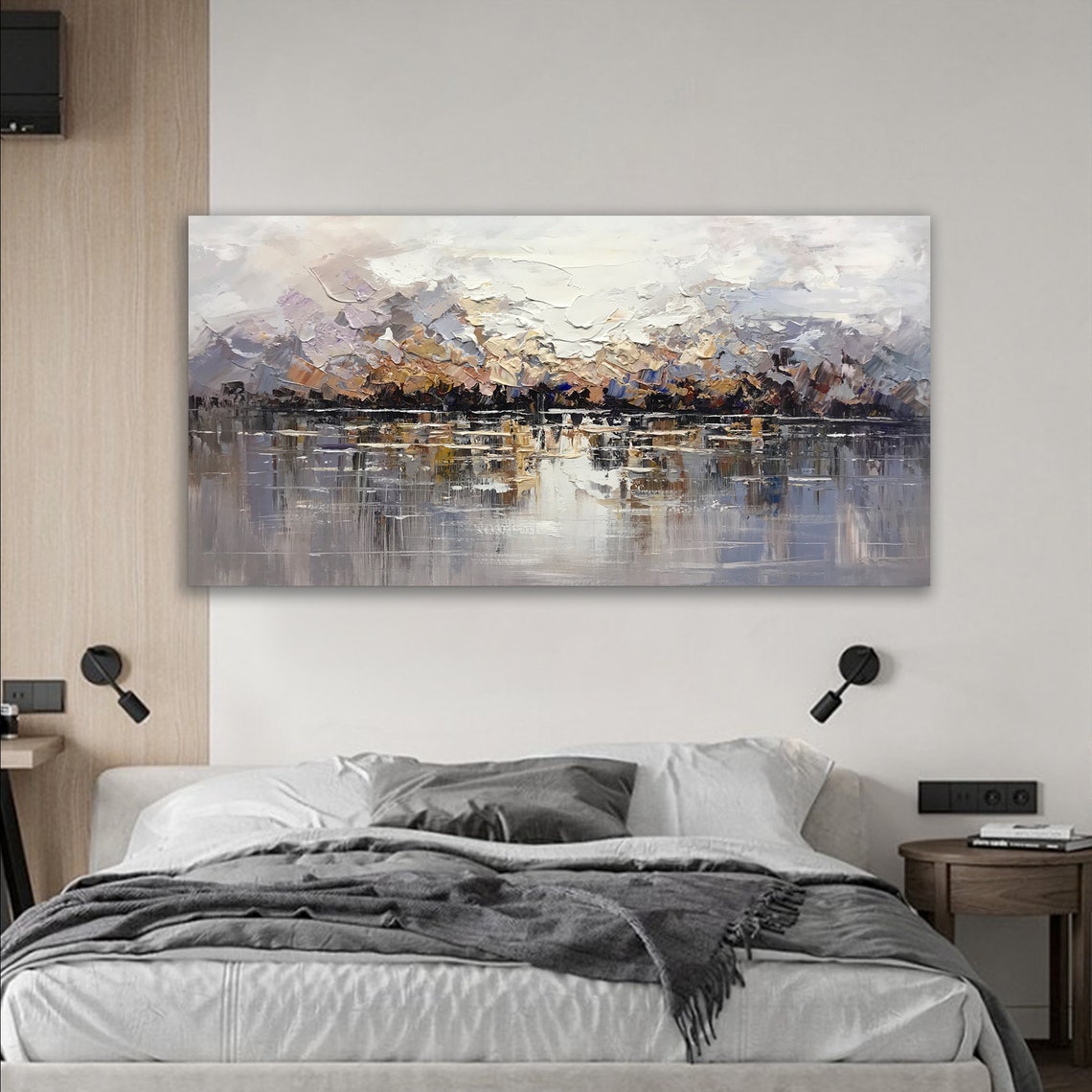 Golden Abstract Waterfront City Reflection Skyline Painting Wall Art - Image 3
