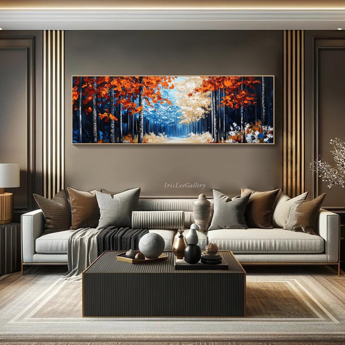 Orange Autumn Birch Forest Path Blue Red Leaves Woodland Art Poster - Image 3