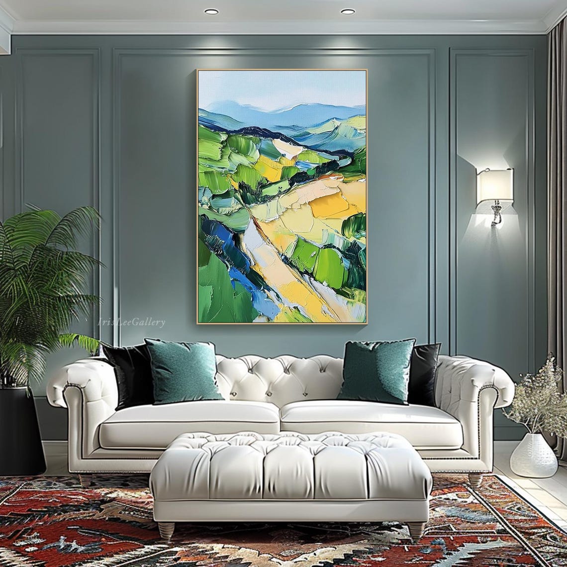 Colorful Patchwork Mountain Valley River Impasto Painting Wall Art - Image 3