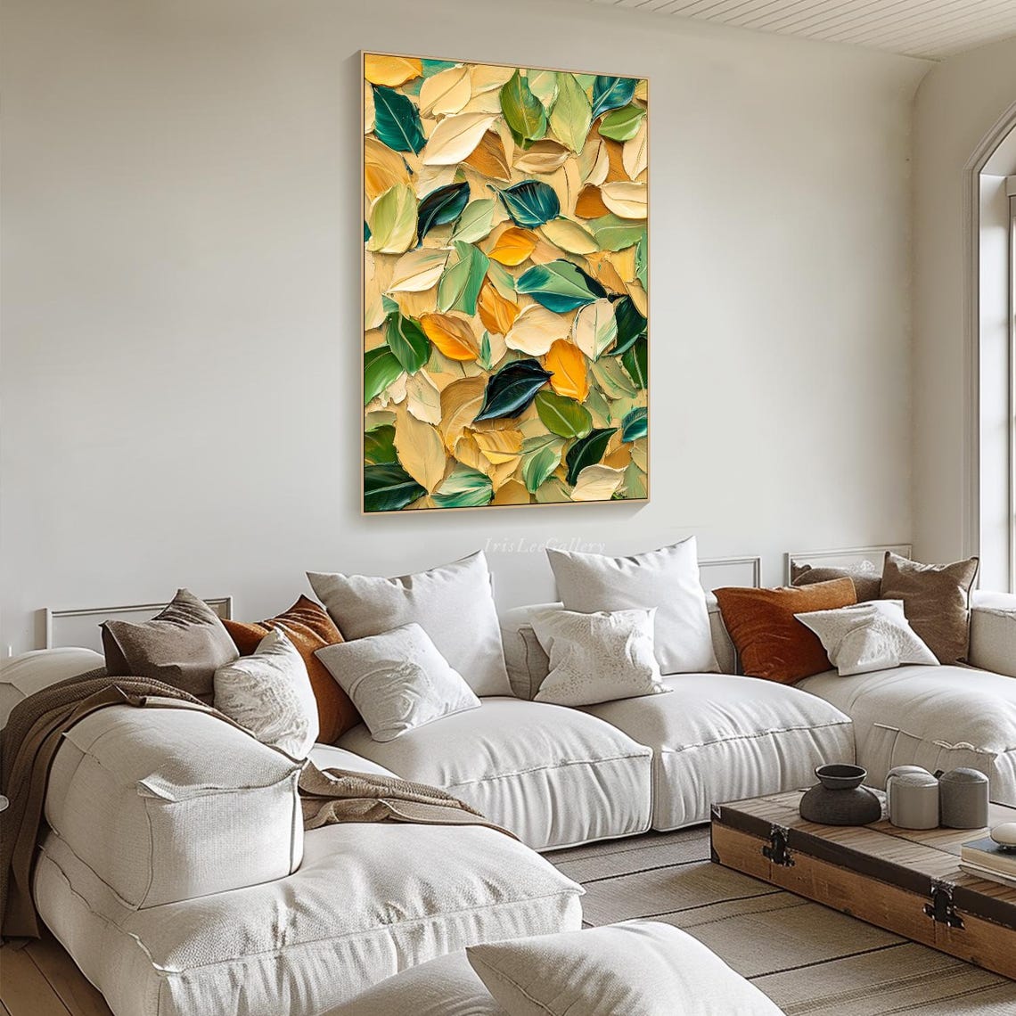 Green Cream Gold Leaves Textured Botanical Leaf Collage Art Poster - Image 2