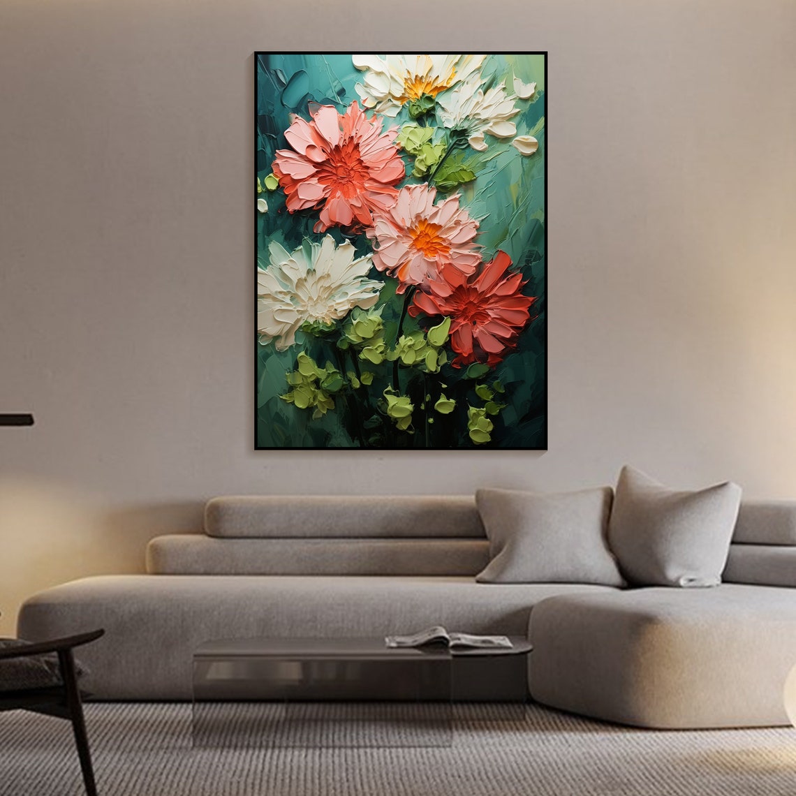 Coral Pink Blooms Deep Emerald Textured Dramatic Floral Art Poster - Image 2