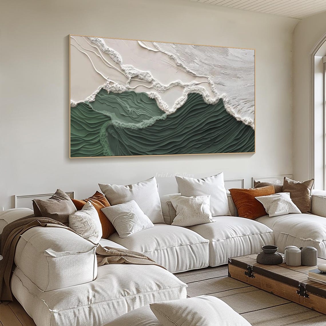 Grey White Green Layered Waves Abstract Sculpted Neutral Art Poster - Image 4