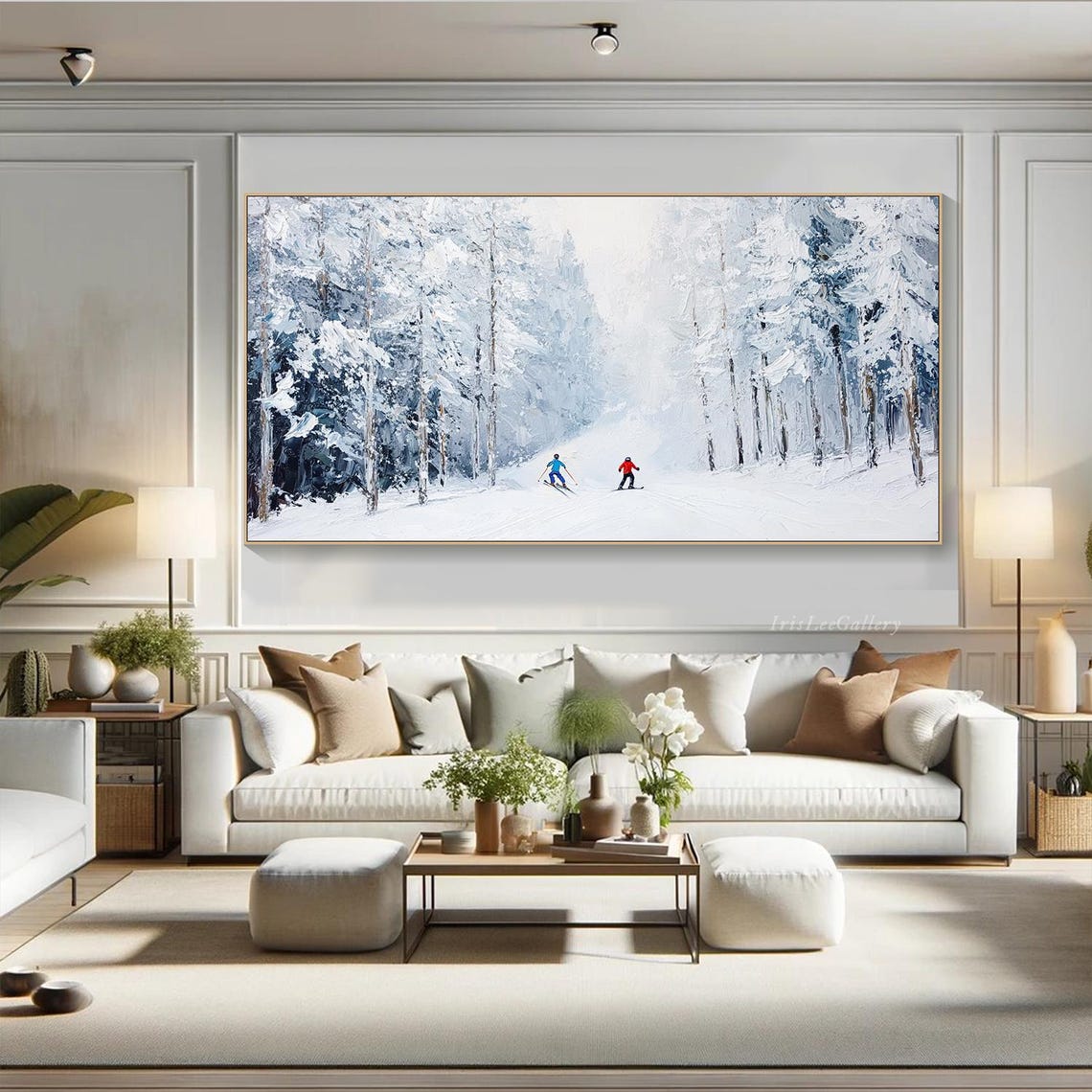 Snowy Pine Forest Ski Trail Two Skiers Winter Painting Wall Art - Image 2