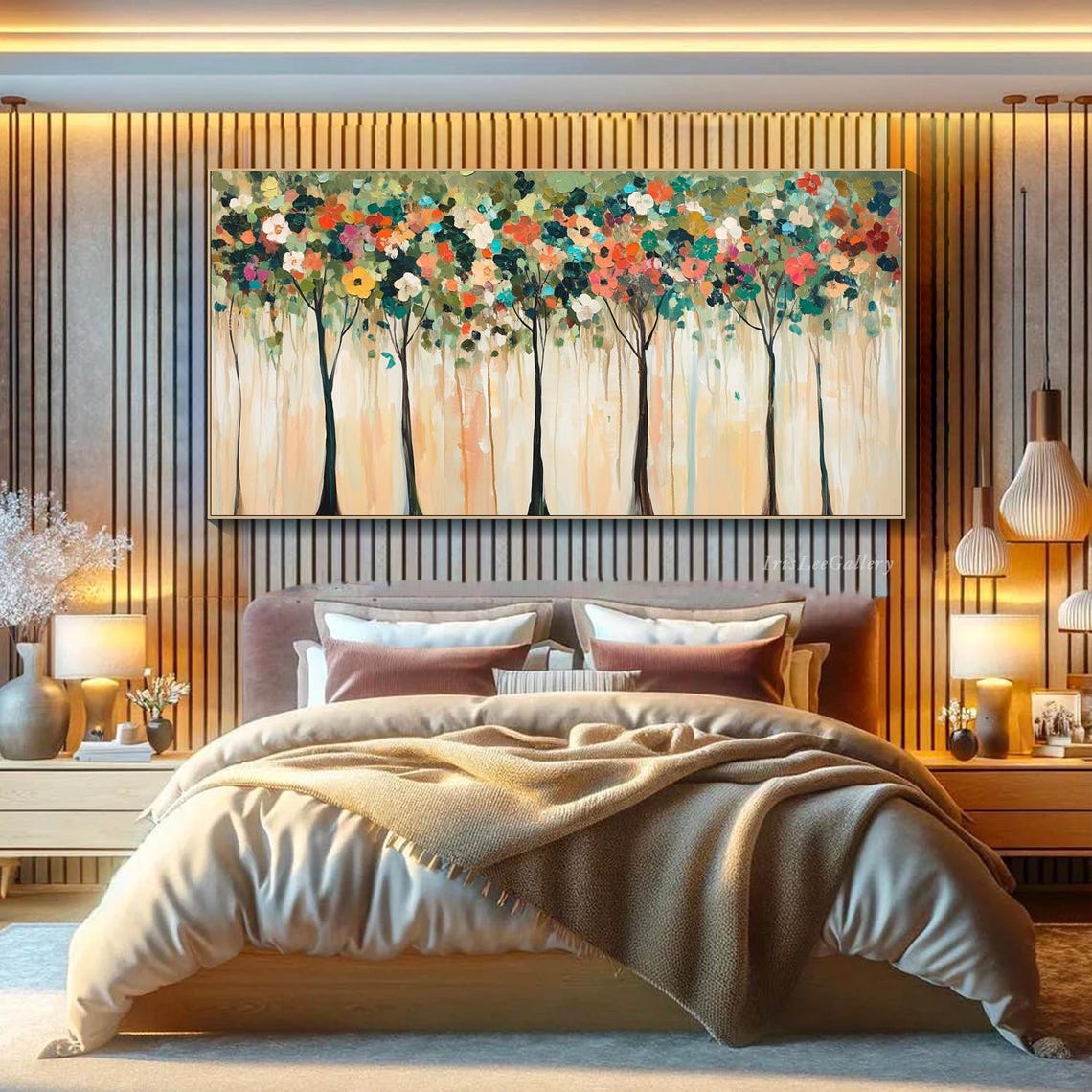 Colorful Blossom Tree Row Abstract Textured Nature Painting Wall Art - Image 2