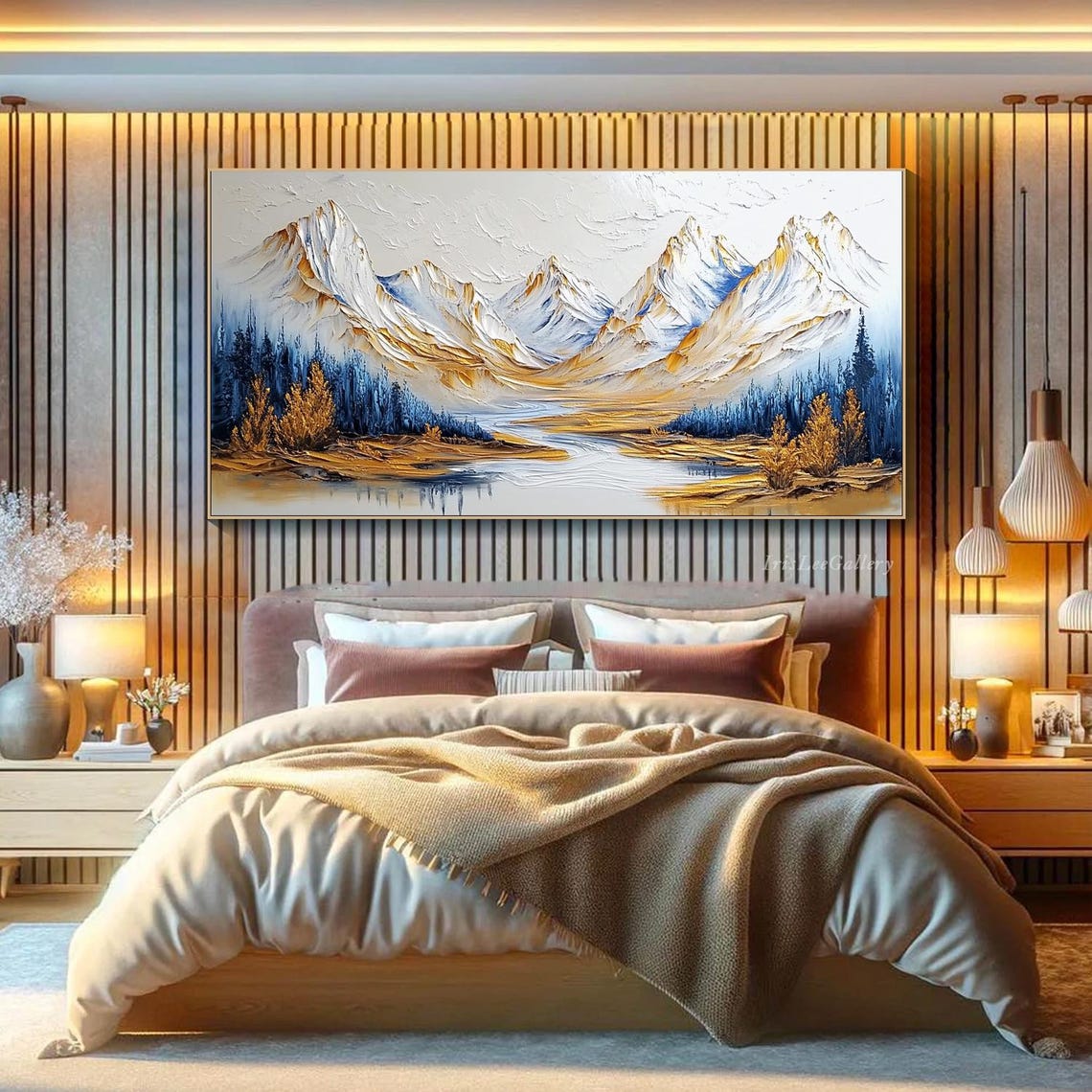 3d Textured Mountain Landscape Painting Gold And Blue Nature Impasto Snowy Peaks Artwork Handmade Painting Modern Wilderness Decor - Image 3