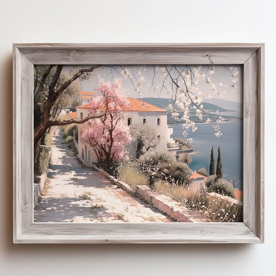 Springtime Cherry Blossom Lane White Villa Overlooking Sea Poster