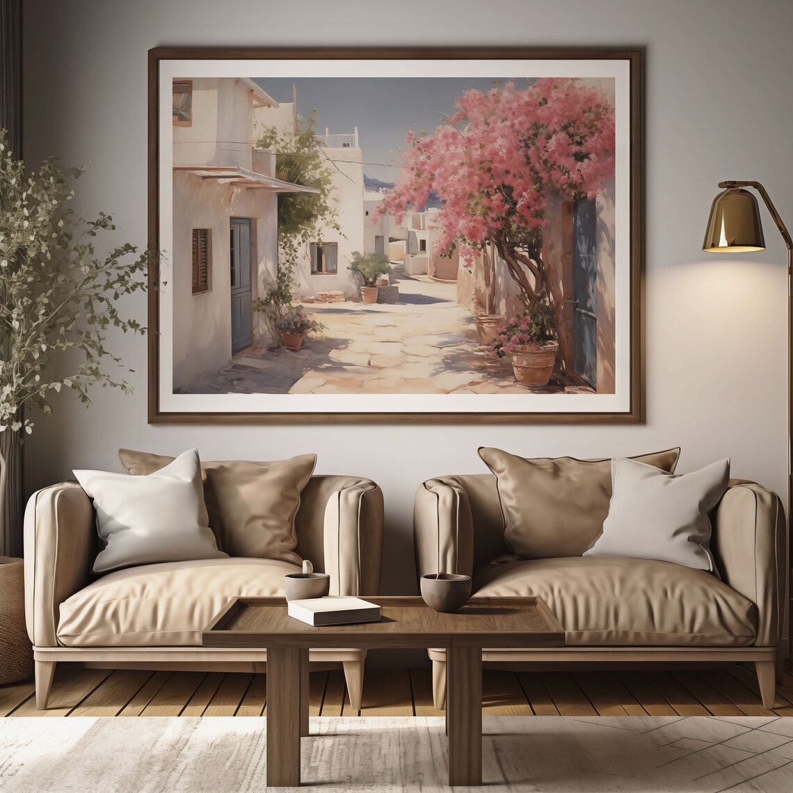 Greek Island Alley with Pink Bougainvillea Oil Painting Poster - Image 2