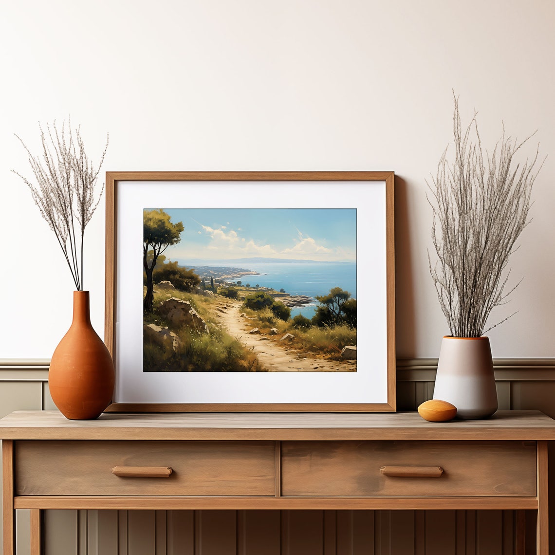 Hillside Path to the Sea Painting Olive Trees Blue Ocean View Poster - Image 2