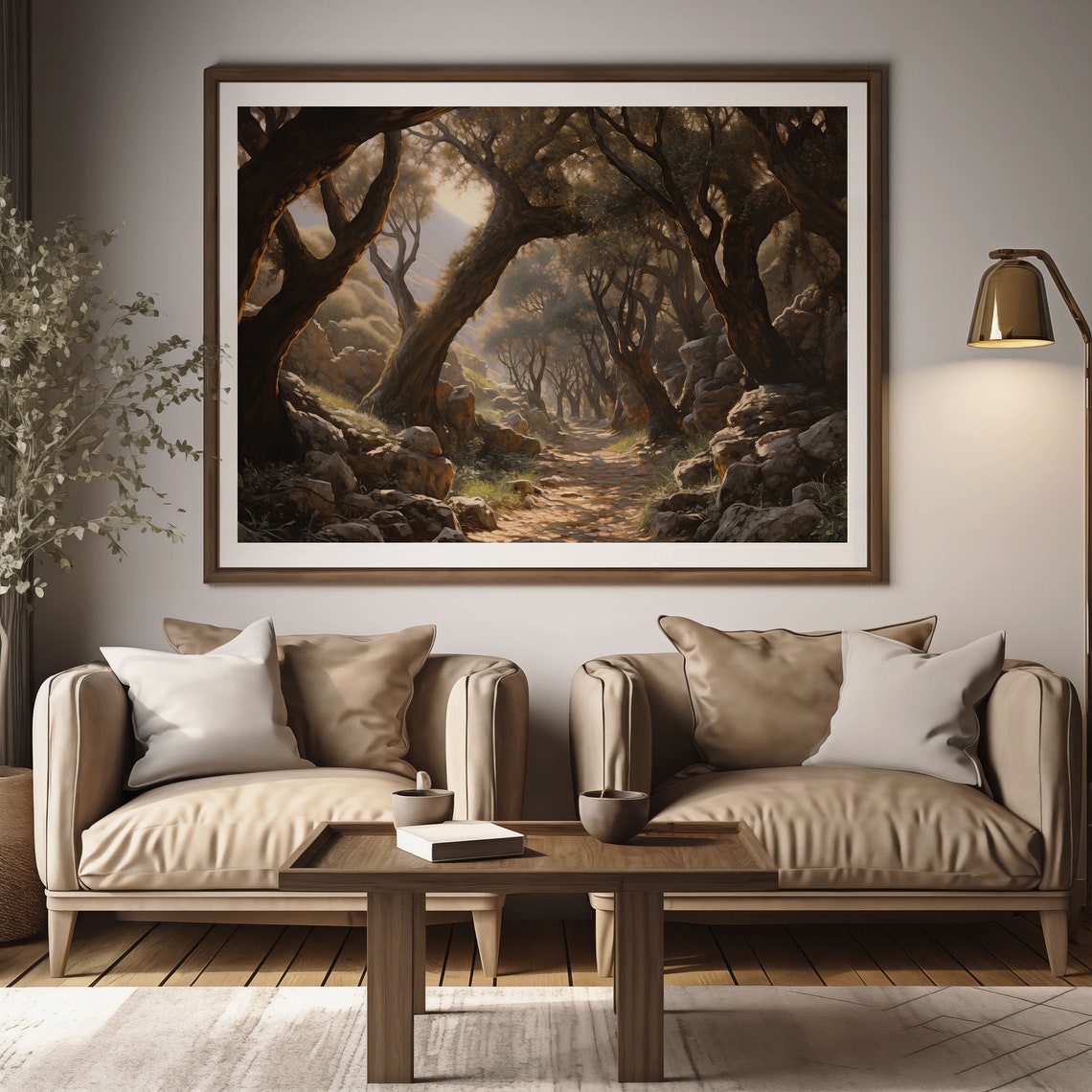 Ancient Twisted Oak Trees Sunlit Rocky Path Oil Painting Poster - Image 2