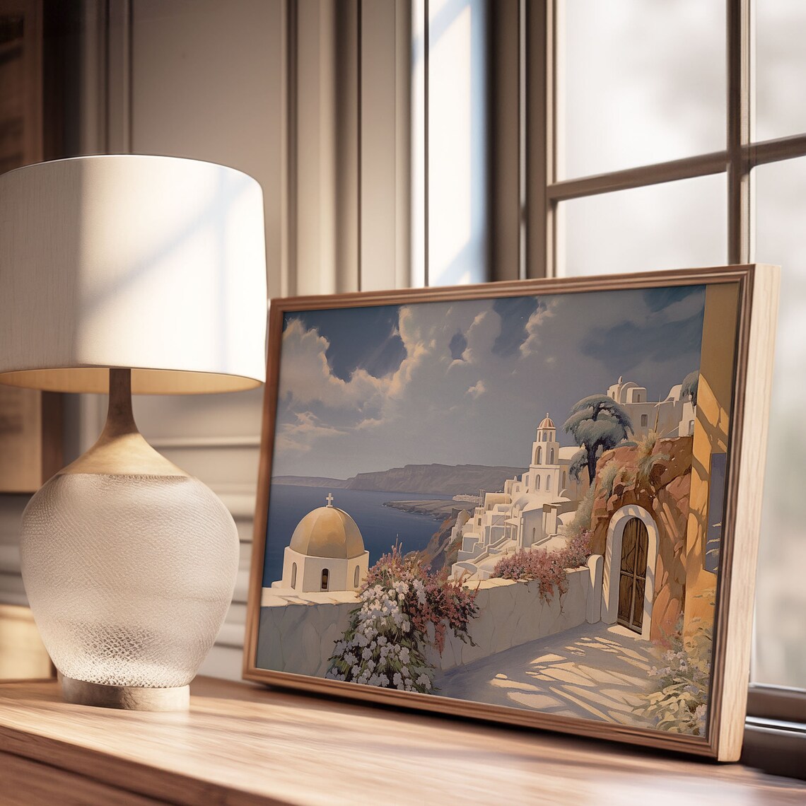 Greek Island Village with Domed Church Santorini Style Poster - Image 3
