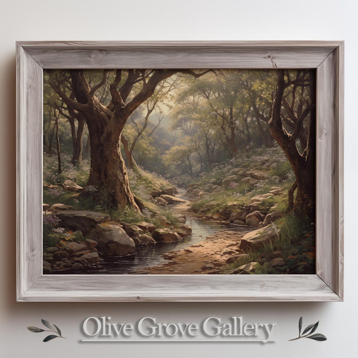 Forest Stream With Rocks Wildflowers And Ancient Trees Painting Poster