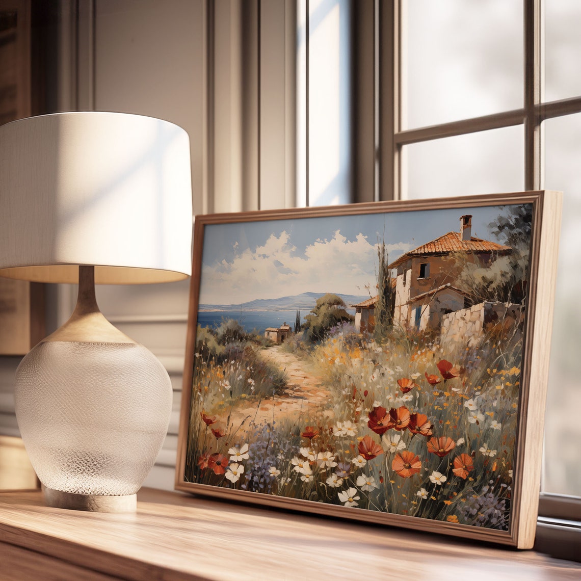 Cottage Among Wildflowers Overlooking The Sea Poppies Daisies Poster - Image 3