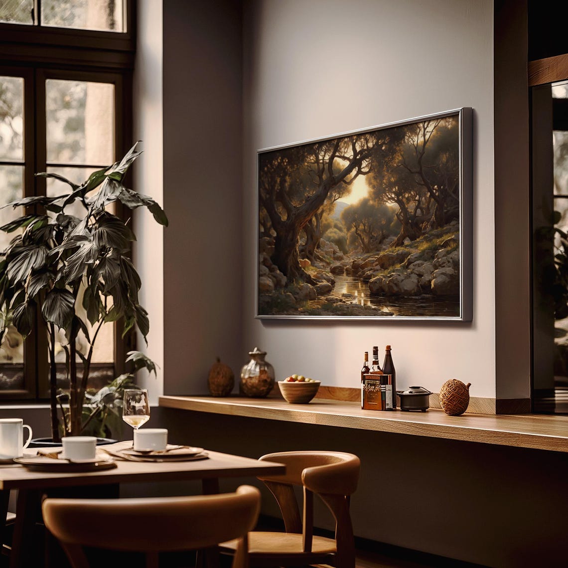Ancient Olive Grove Painting Golden Forest Stream Sunset Poster - Image 2