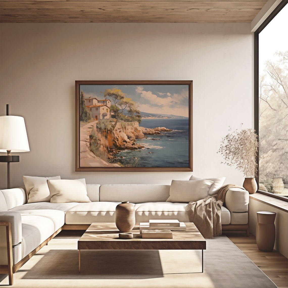 Cliffside Villa Above Rocky Shore with Waves Oil Painting Poster - Image 4