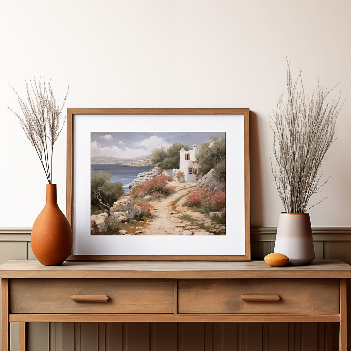 White Coastal Cottage Painting Flag Rocky Path Flower Sea Poster - Image 2