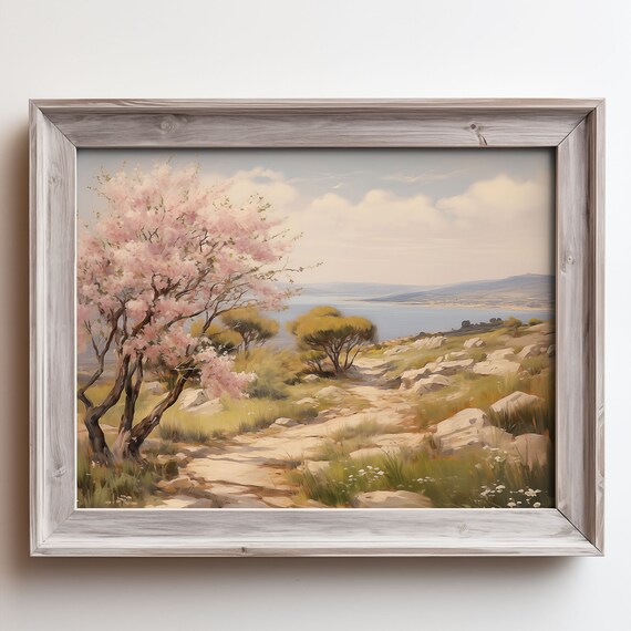 Pink Blossom Tree on Rocky Trail Above the Bay Oil Painting Poster