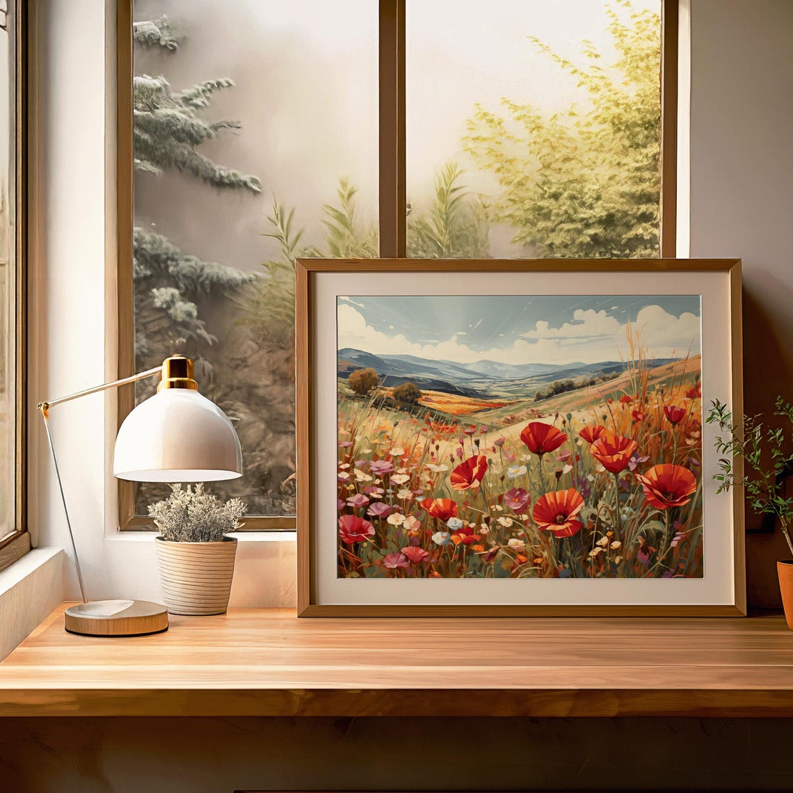 Red Poppy Field Rolling Hills Vintage Summer Meadow Art Poster - Image 3