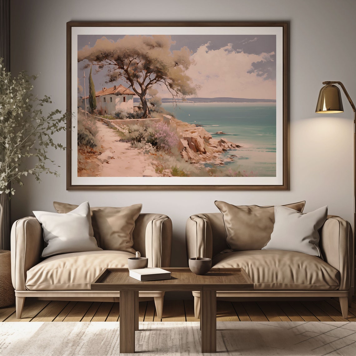Mediterranean Villa on Rocky Cliff Oil Painting Style Poster - Image 2