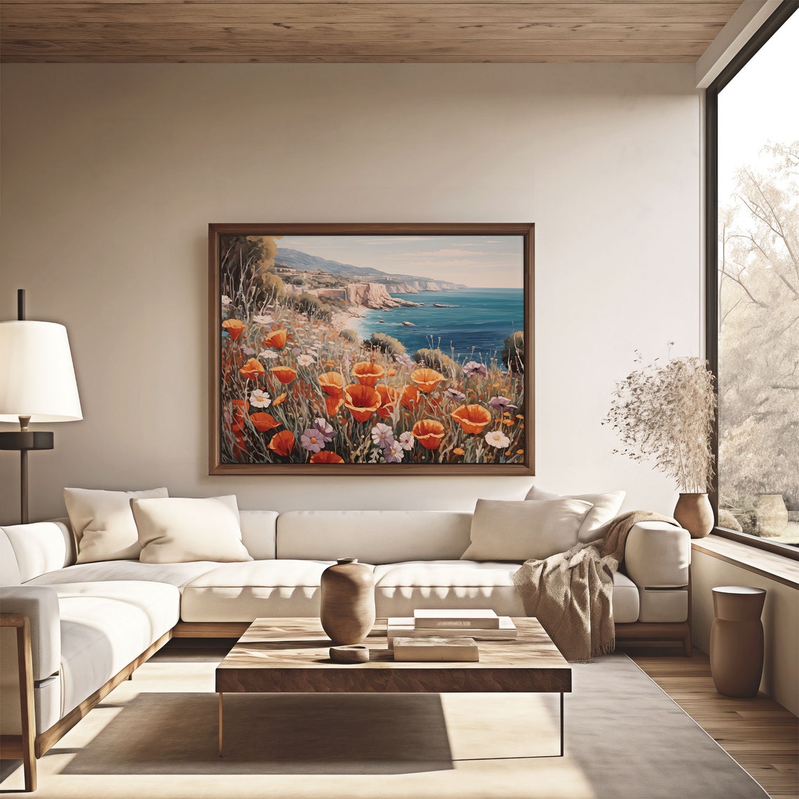 Orange Poppies On Coastal Cliffs Overlooking A Blue Sea Vintage Poster - Image 4