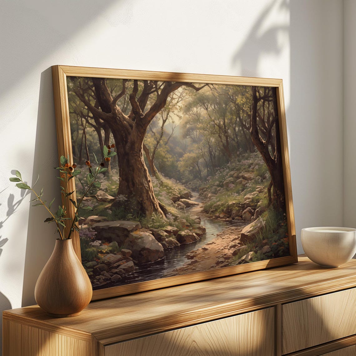 Forest Stream With Rocks Wildflowers And Ancient Trees Painting Poster - Image 4