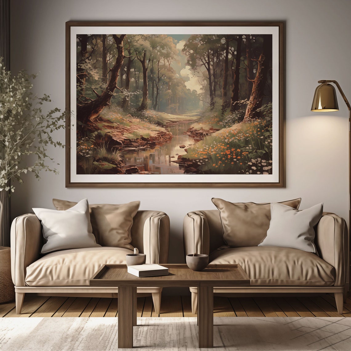 Woodland Stream With Wildflowers Dappled Sunlight Tall Trees Poster - Image 2