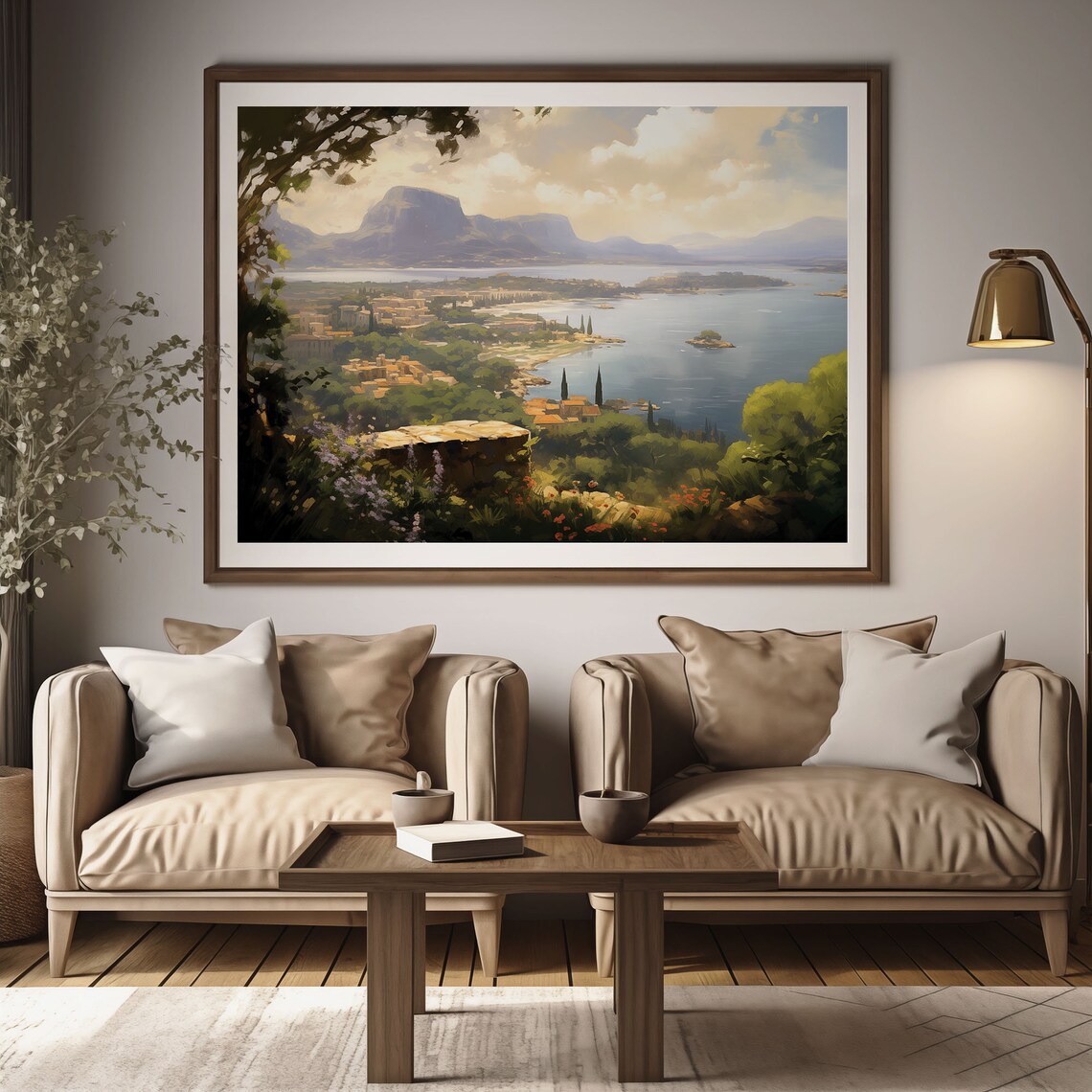 Coastal City Bay View Painting Mountain Island Garden Vista Poster - Image 3