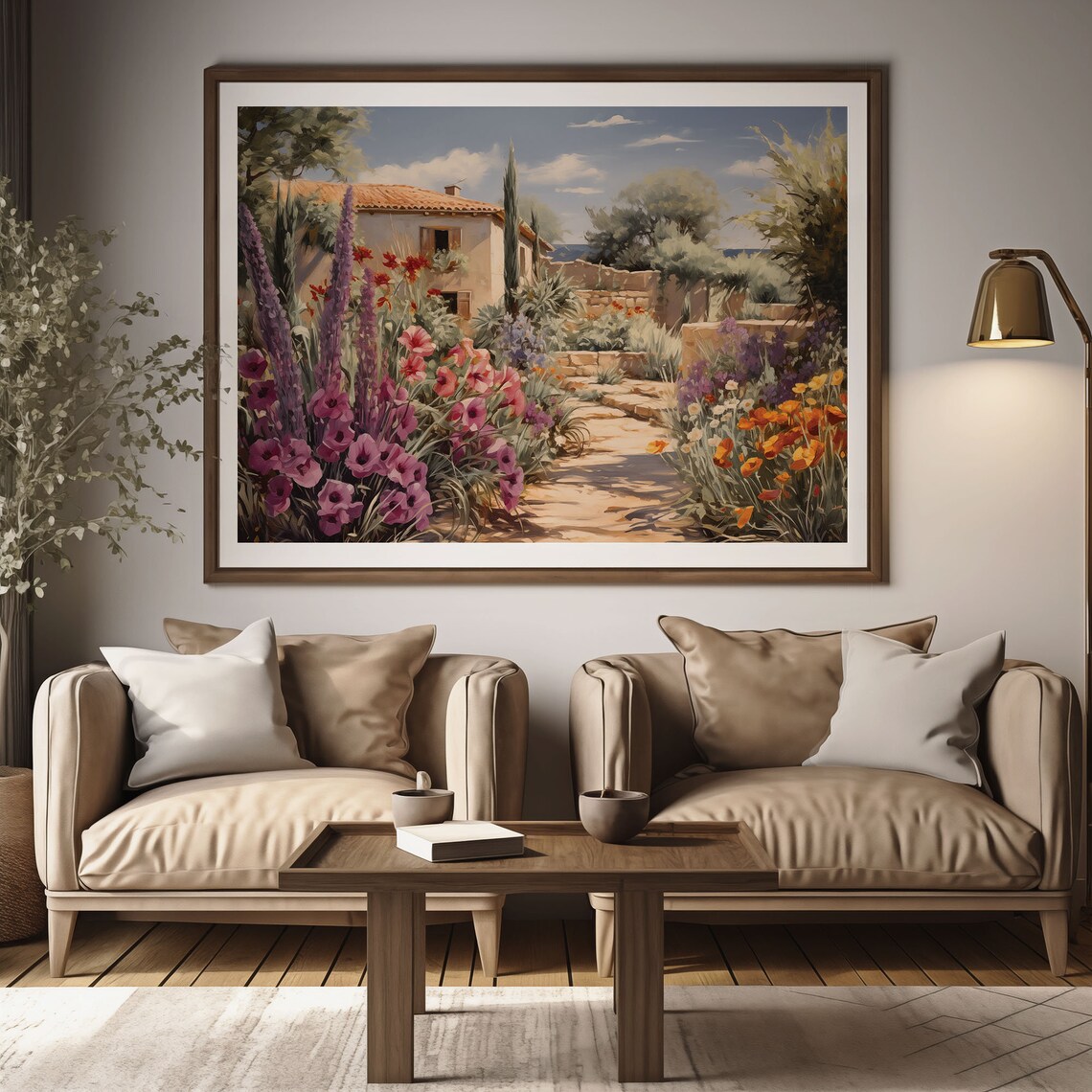 Mediterranean Villa Garden Stone Path Purple Flowers Oil Painting Poster - Image 2