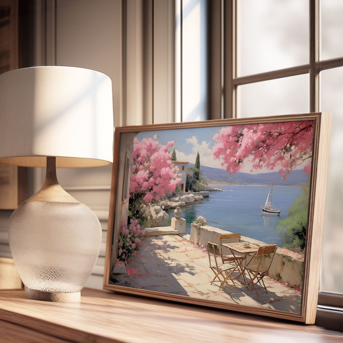 Seaside Terrace With Pink Bougainvillea Sailboat On Blue Sea Poster - Image 3
