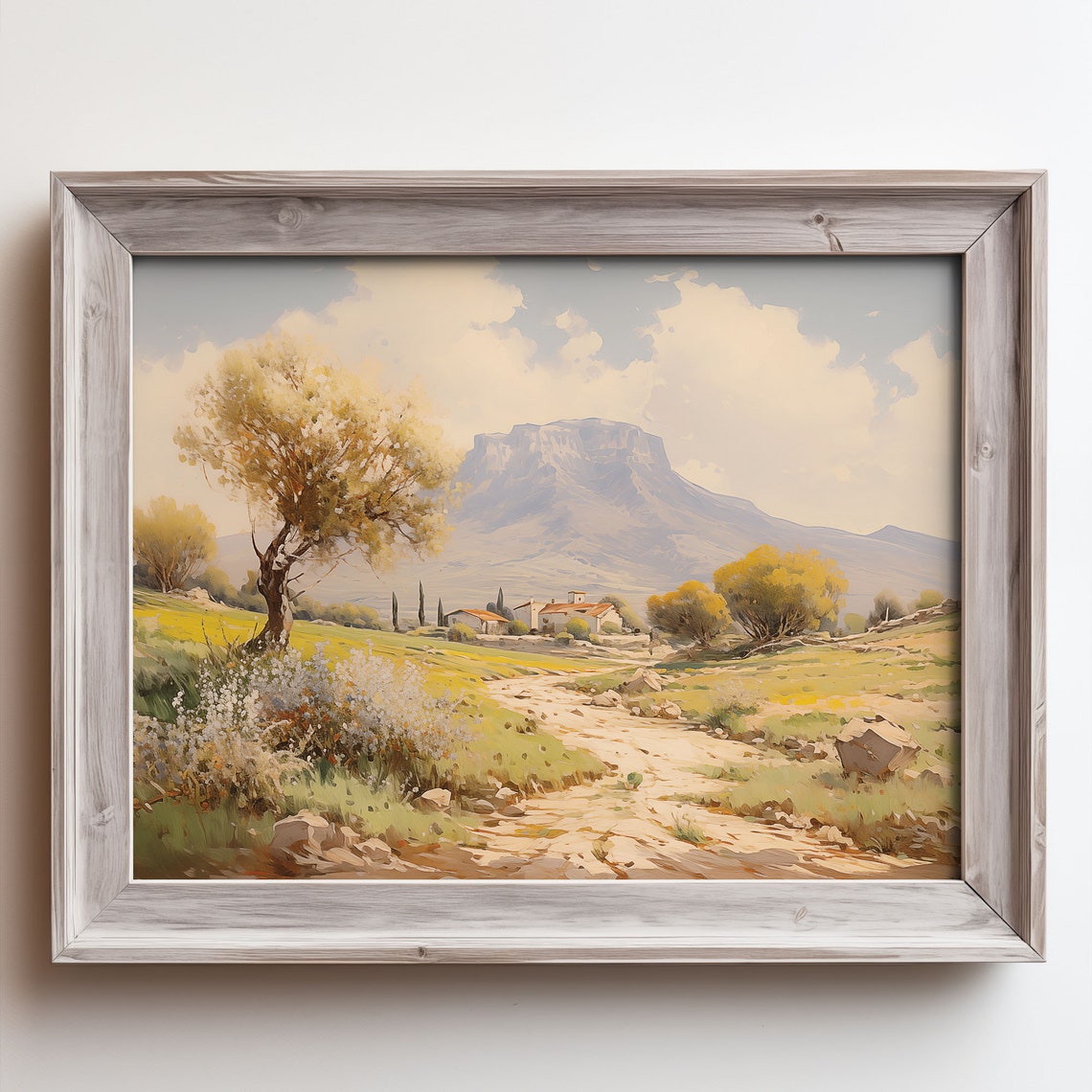 Rural Sunlit Country Farmhouse Golden Field Mountain View Poster